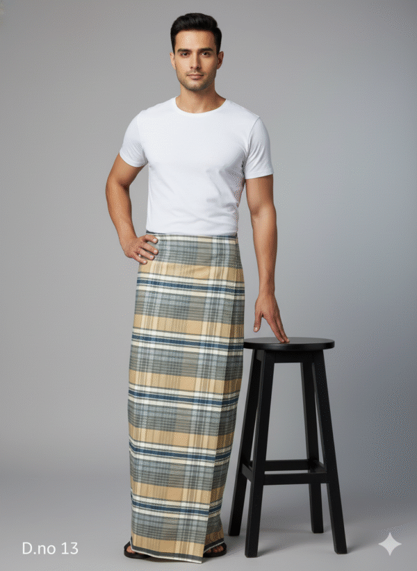 Men's Distinctive Polyester Lungi - Tan, Grey & White Check (2.25 Meters) - D.no. 13
