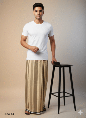 Men's Elegant Polyester Lungi - Tan & Blue Check (2.25 Meters) - D.no. 14