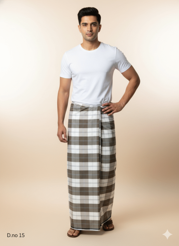 Men's Classic Polyester Lungi - High-Contrast Green, Grey & White Check (2.25 Meters) - D.no. 15