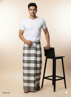 Men's Classic Polyester Lungi - High-Contrast Green, Grey & White Check (2.25 Meters) - D.no. 15