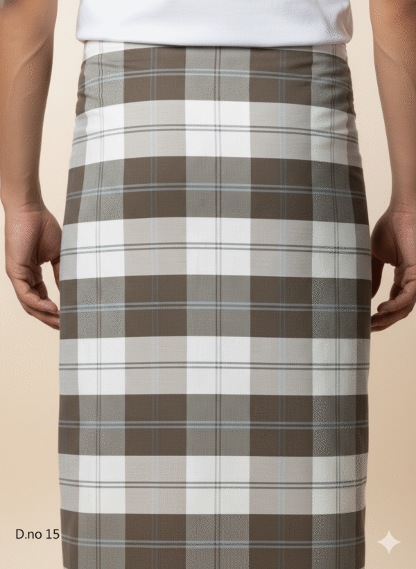 Men's Classic Polyester Lungi - High-Contrast Green, Grey & White Check (2.25 Meters) - D.no. 15