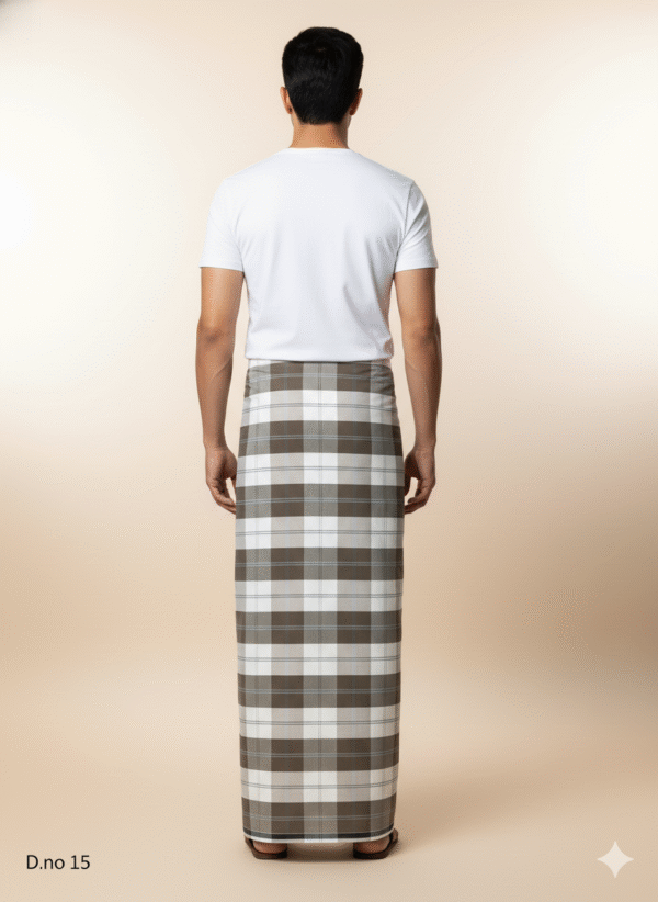 Men's Classic Polyester Lungi - High-Contrast Green, Grey & White Check (2.25 Meters) - D.no. 15