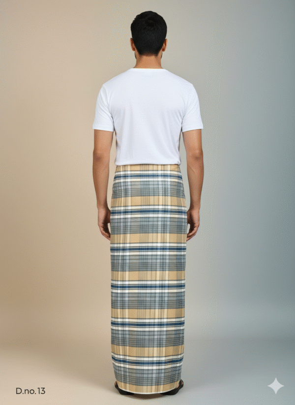 Men's Distinctive Polyester Lungi - Tan, Grey & White Check (2.25 Meters) - D.no. 13