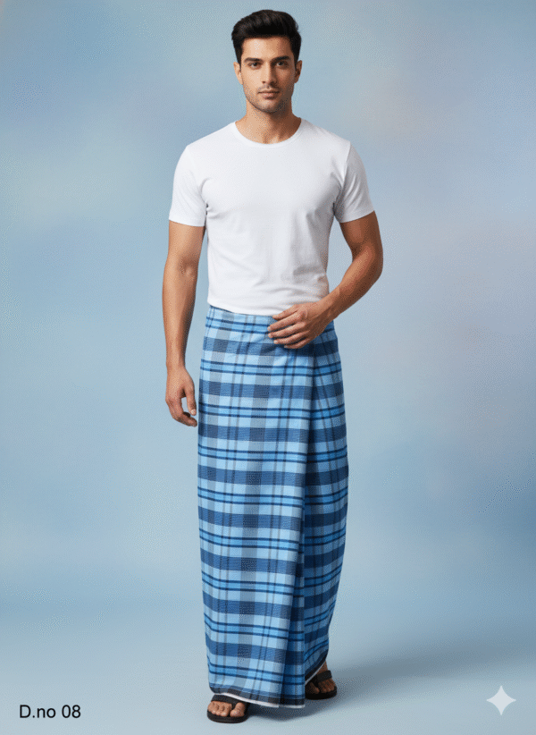 Men's Classic Polyester Lungi - Blue & Navy Check (2.25 Meters) - D.no. 08