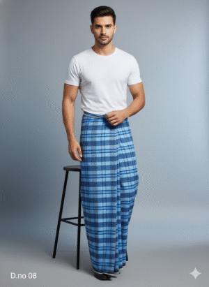 Men's Classic Polyester Lungi - Blue & Navy Check (2.25 Meters) - D.no. 08
