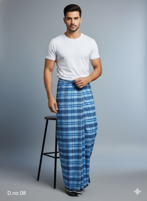 Men's Classic Polyester Lungi - Blue & Navy Check (2.25 Meters) - D.no. 08