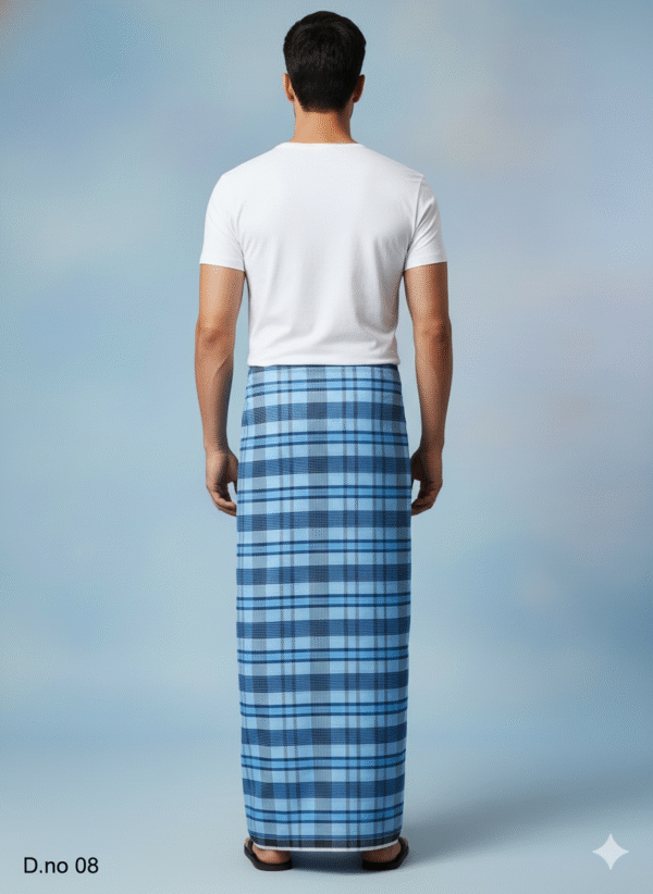 Men's Classic Polyester Lungi - Blue & Navy Check (2.25 Meters) - D.no. 08