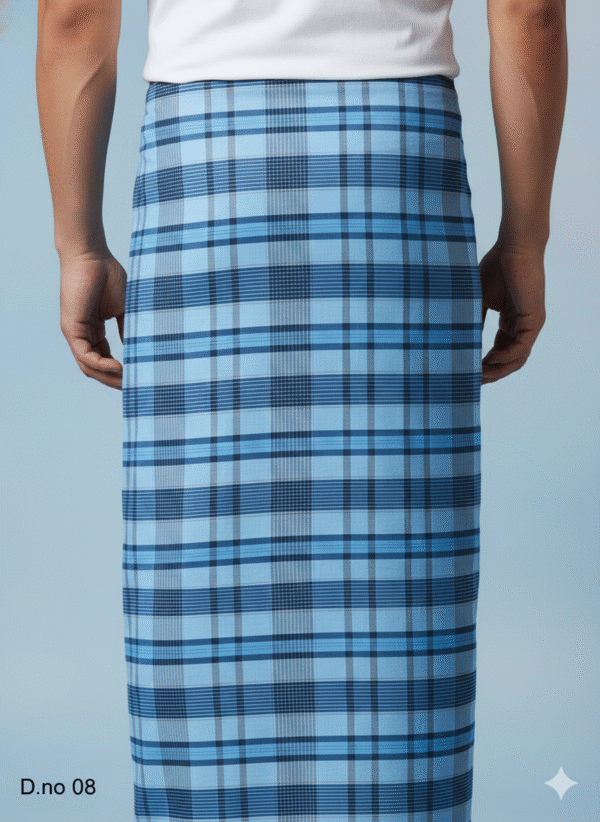 Men's Classic Polyester Lungi - Blue & Navy Check (2.25 Meters) - D.no. 08