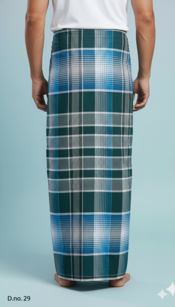 Men's Premium Cotton Lungi - Dark Green, Blue & White Check (2.10 Meters) - D.no. 29