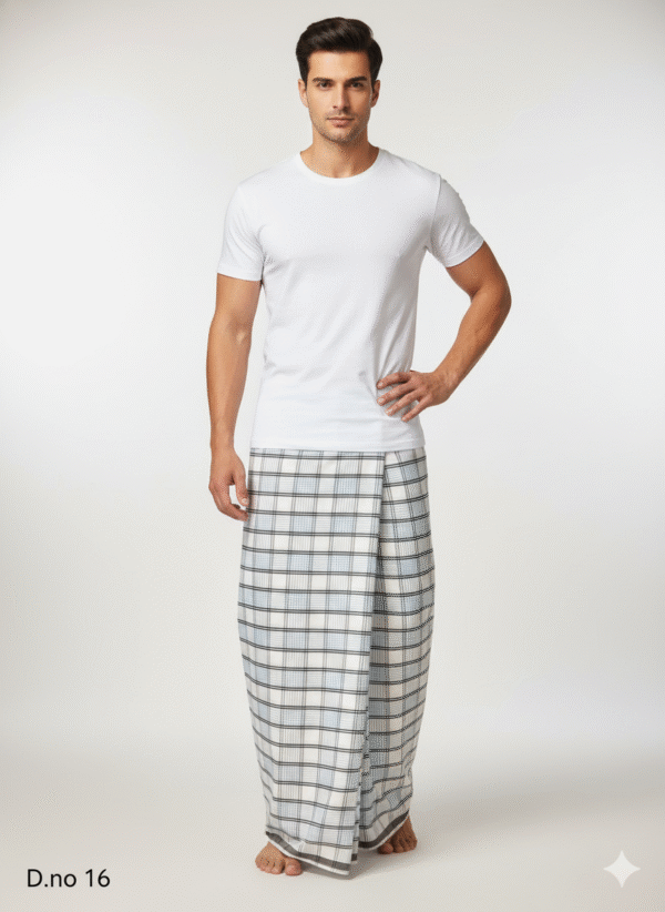 Men's Crisp Polyester Lungi - White with Grey & Blue Check (2.25 Meters) - D.no. 16