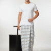 Men's Crisp Polyester Lungi - White with Grey & Blue Check (2.25 Meters) - D.no. 16