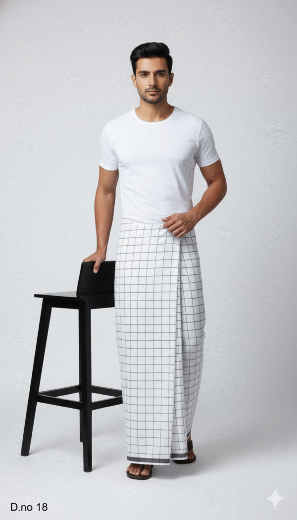 Men's Sophisticated Polyester Lungi - Tan, Black & White Check (2.25 Meters) - D.no. 17