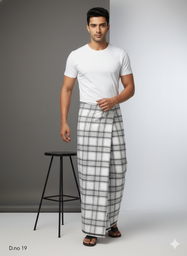 Men's Vibrant Polyester Lungi - Blue & Green Vertical Check (2.25 Meters) - D.no. 19