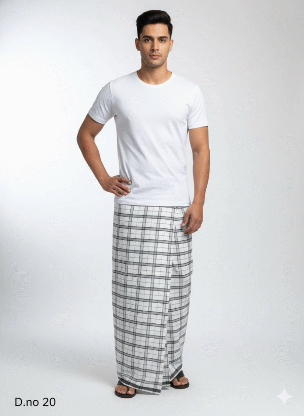 Men's Classic Polyester Lungi - White with Black Grid Check (2.25 Meters) - D.no. 20