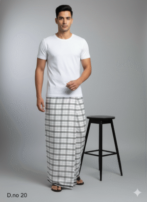 Men's Classic Polyester Lungi - White with Black Grid Check (2.25 Meters) - D.no. 20