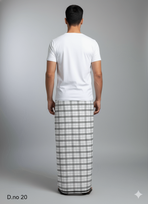 Men's Classic Polyester Lungi - White with Black Grid Check (2.25 Meters) - D.no. 20