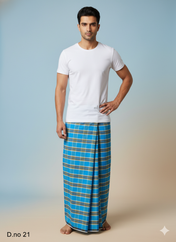 Men's Classic Polyester Lungi - Tan, Black & Brown Check (2.25 Meters) - D.no. 21