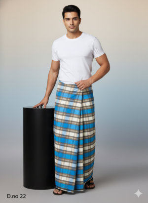 Men's Vibrant Polyester Lungi - Bright Blue & Navy Check (2.25 Meters) - D.no. 22
