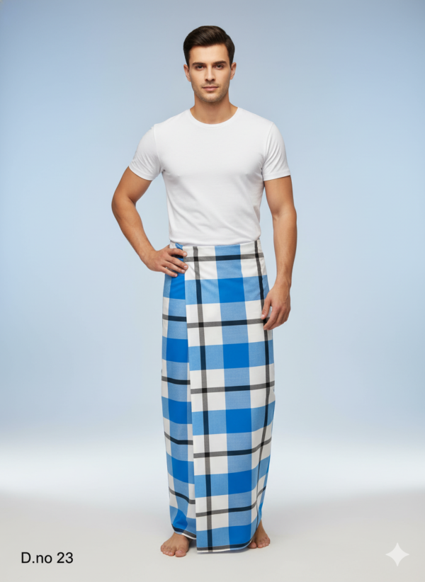 Men's Vibrant Polyester Lungi - Blue & White Check (2.25 Meters) - D.no. 23