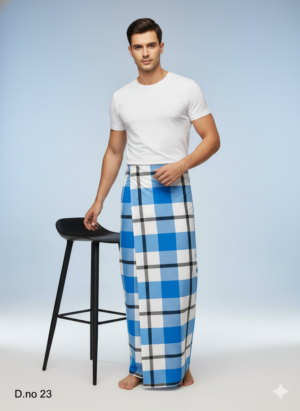 Men's Vibrant Polyester Lungi - Blue & White Check (2.25 Meters) - D.no. 23