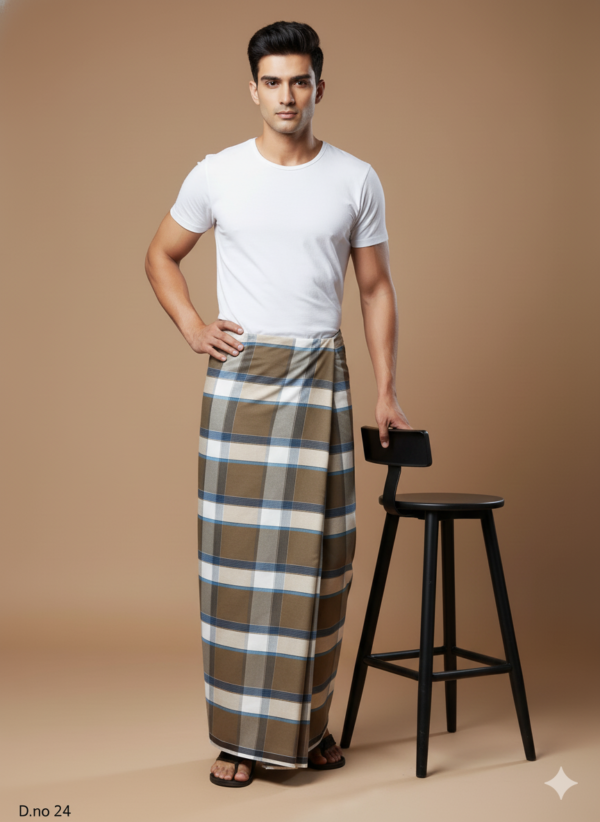 Men's Classic Polyester Lungi - Blue Vertical Stripes (2.25 Meters) - D.no. 24