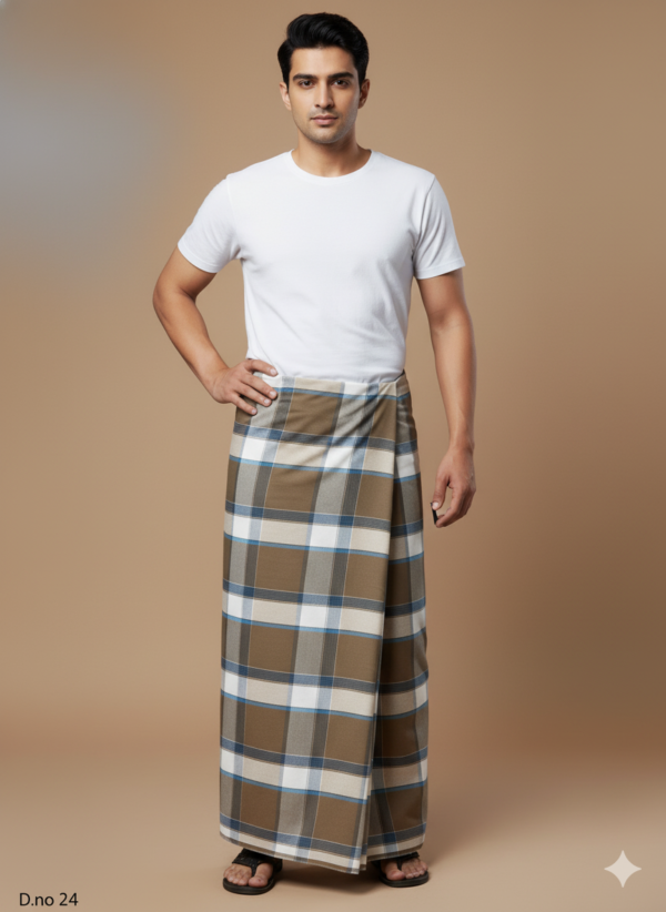 Men's Classic Polyester Lungi - Blue Vertical Stripes (2.25 Meters) - D.no. 24