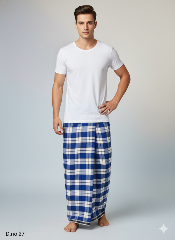 Men's Premium Polyester Lungi - Teal, Grey & Brown Check (2.25 Meters) - D.no. 27