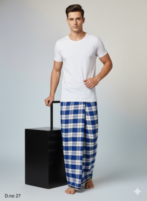 Men's Premium Polyester Lungi - Teal, Grey & Brown Check (2.25 Meters) - D.no. 27