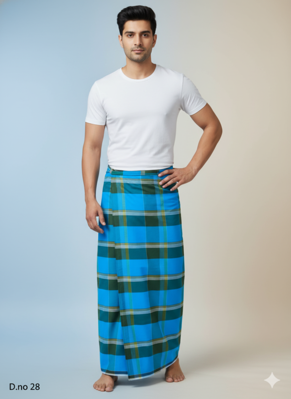 Men's Stylish Polyester Lungi - Olive Green, Blue & White Check (2.25 Meters) - D.no. 28