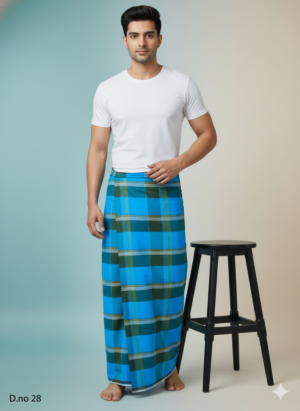 Men's Stylish Polyester Lungi - Olive Green, Blue & White Check (2.25 Meters) - D.no. 28