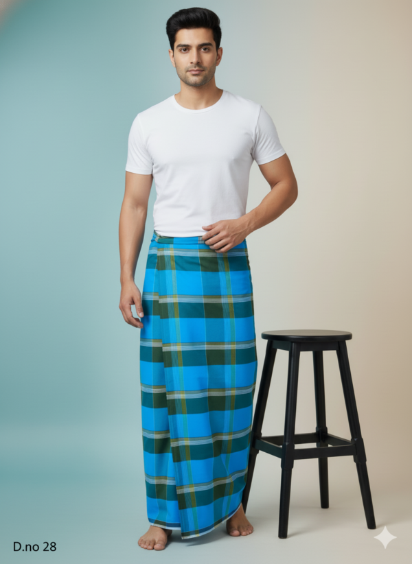 Men's Stylish Polyester Lungi - Olive Green, Blue & White Check (2.25 Meters) - D.no. 28