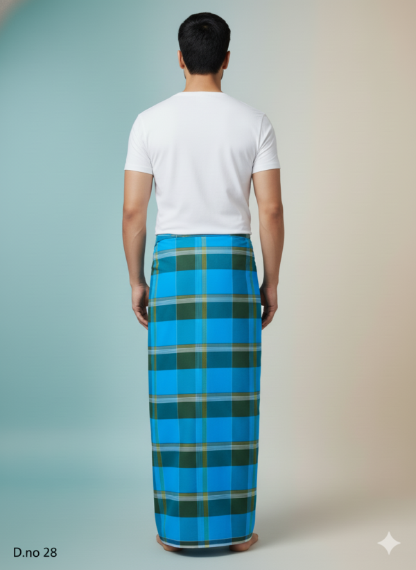 Men's Stylish Polyester Lungi - Olive Green, Blue & White Check (2.25 Meters) - D.no. 28