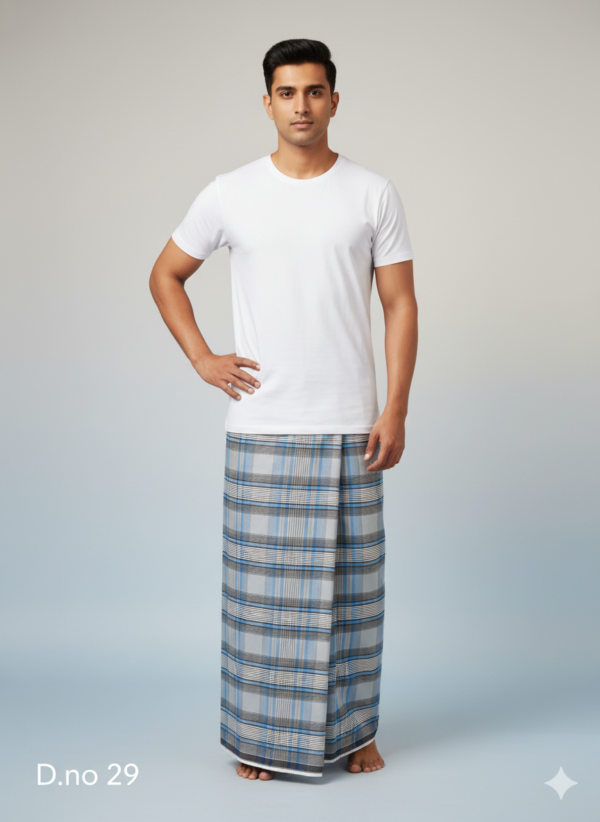 Men's Premium Polyester Lungi - Dark Green, Blue & White Check (2.25 Meters) - D.no. 29