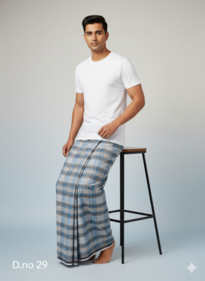 Men's Premium Polyester Lungi - Dark Green, Blue & White Check (2.25 Meters) - D.no. 29