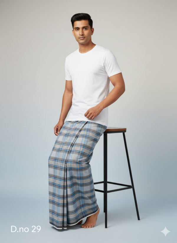 Men's Premium Polyester Lungi - Dark Green, Blue & White Check (2.25 Meters) - D.no. 29