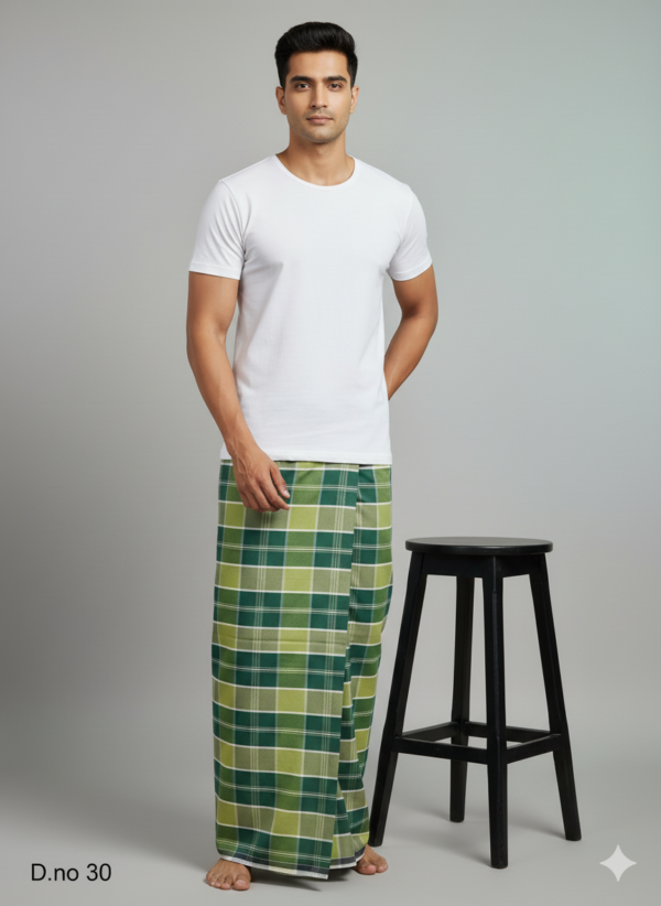 Men's Fresh Polyester Lungi - Multi-Tone Green Check (2.25 Meters) - D.no. 30
