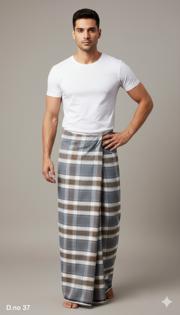 Men's Sophisticated Polyester Lungi - Grey, White & Brown Check (2.25 Meters) - D.no. 37