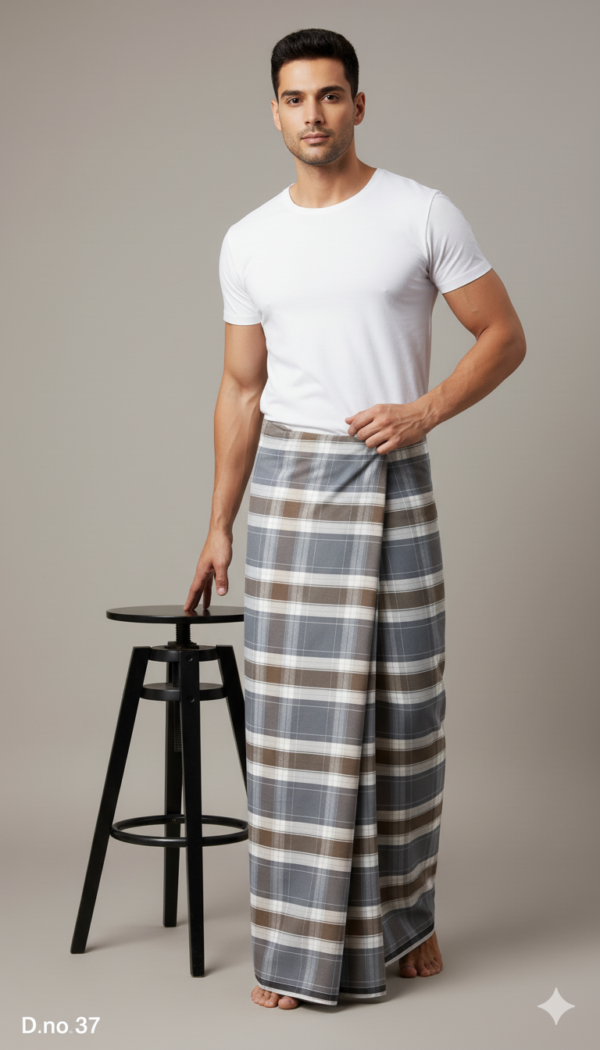 Men's Sophisticated Polyester Lungi - Grey, White & Brown Check (2.25 Meters) - D.no. 37