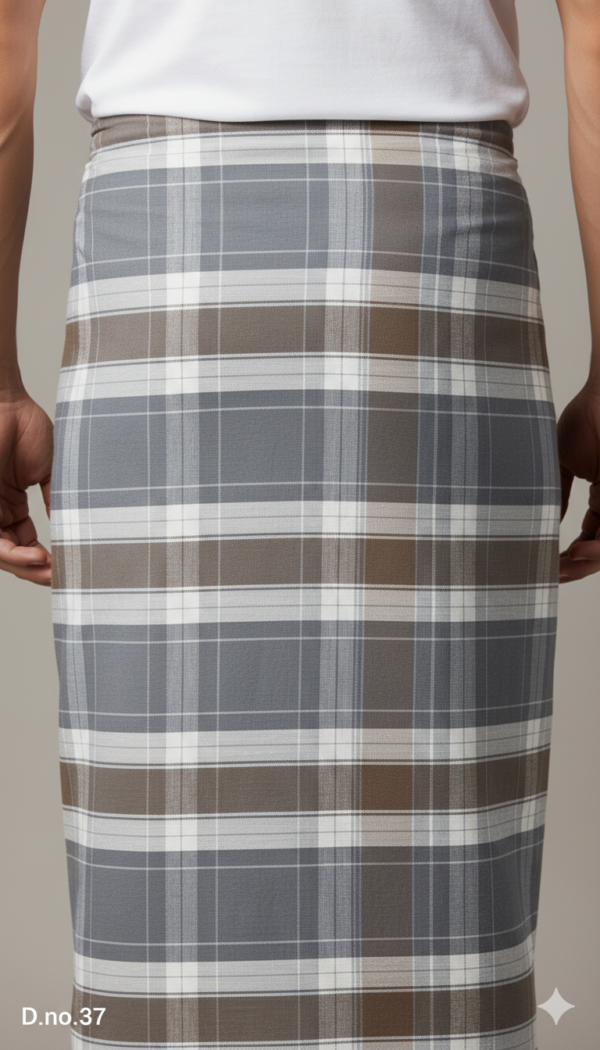 Men's Sophisticated Polyester Lungi - Grey, White & Brown Check (2.25 Meters) - D.no. 37