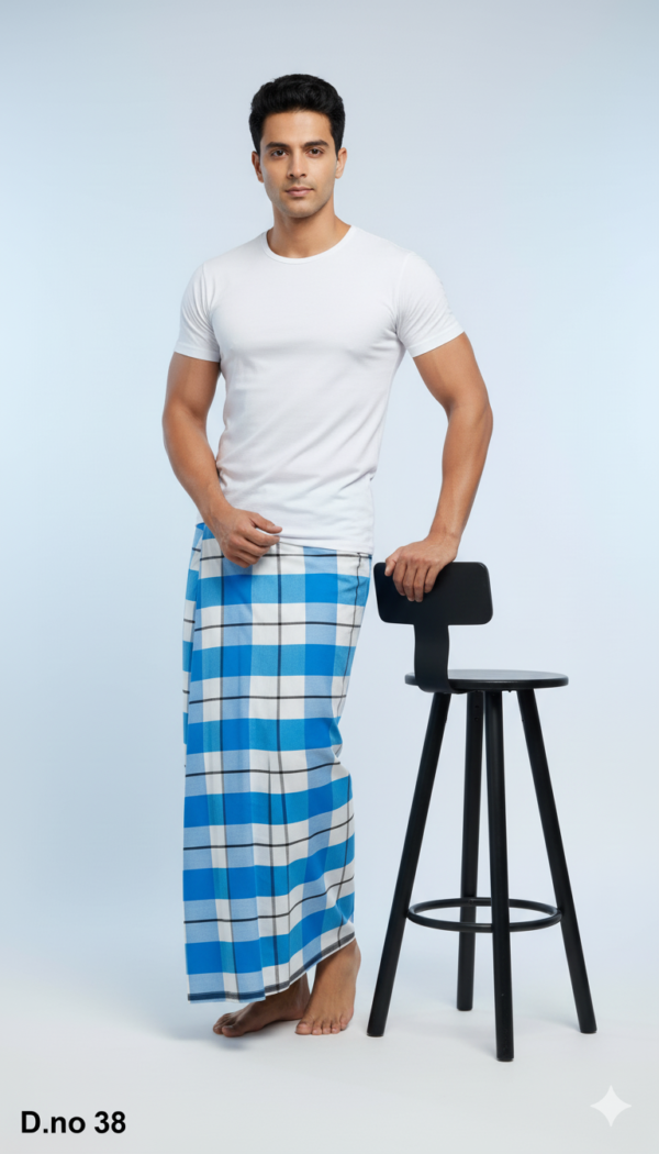 Generated Image December 14, 2025 - 10_35PM Men's Vibrant Polyester Lungi - Bright Blue & White Check (2.25 Meters) - D.no. 38