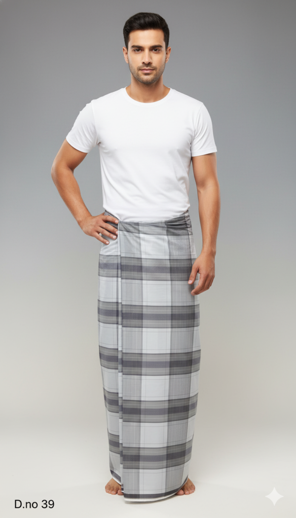 Men's Modern Polyester Lungi - Grey & White Check (2.25 Meters) - D.no. 39