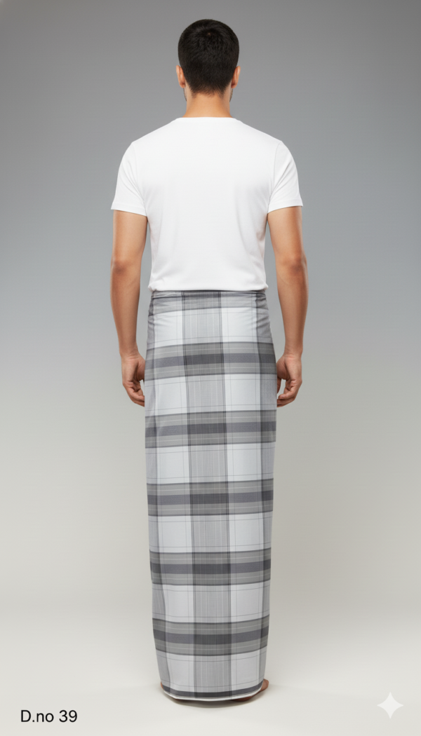 Men's Modern Polyester Lungi - Grey & White Check (2.25 Meters) - D.no. 39