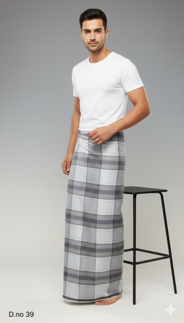 Men's Modern Polyester Lungi - Grey & White Check (2.25 Meters) - D.no. 39