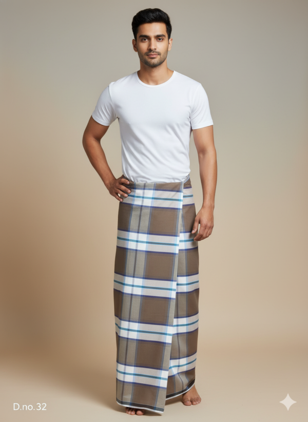 Men's Classic Polyester Lungi - Brown, White & Blue Check (2.25 Meters) - D.no. 32