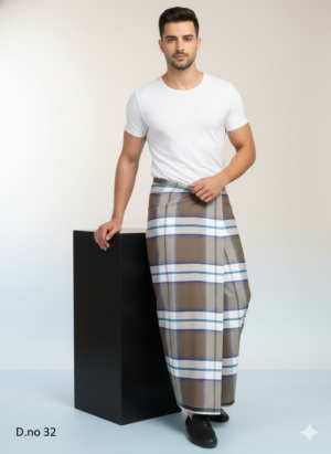 Men's Classic Polyester Lungi - Brown, White & Blue Check (2.25 Meters) - D.no. 32