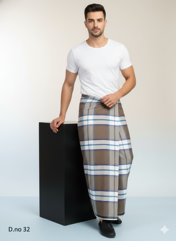 Men's Classic Polyester Lungi - Brown, White & Blue Check (2.25 Meters) - D.no. 32
