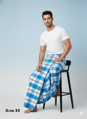 Men's Vibrant Polyester Lungi - Sky Blue & White Check (2.25 Meters) - D.no. 33