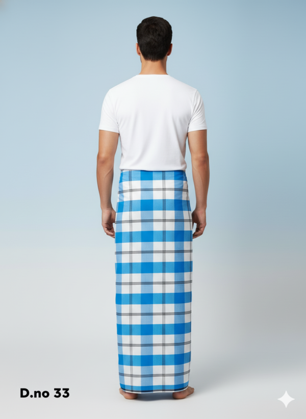 Men's Vibrant Polyester Lungi - Sky Blue & White Check (2.25 Meters) - D.no. 33