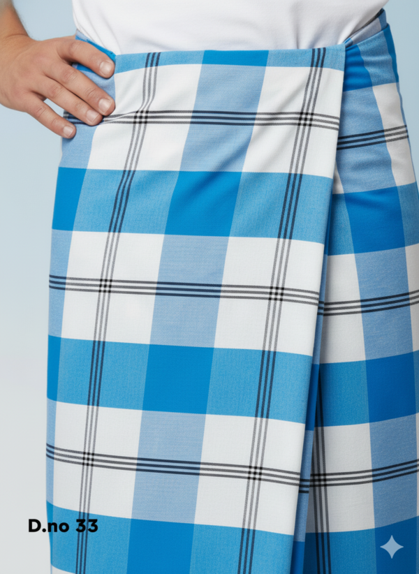 Men's Vibrant Polyester Lungi - Sky Blue & White Check (2.25 Meters) - D.no. 33