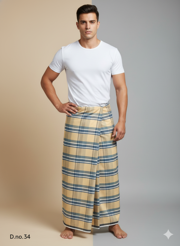 Men's Classic Polyester Lungi - Beige, Blue & Grey Check (2.25 Meters) - D.no. 34
